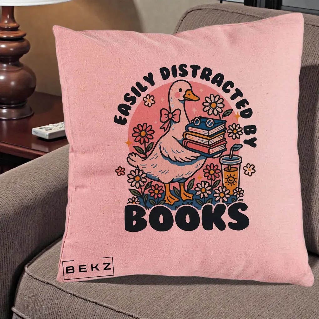 Perna Personalizata Easily Distracted by Books, 40x40 cm, Roz, Husa Detasabila, Perna Inclusa, BEKZ®