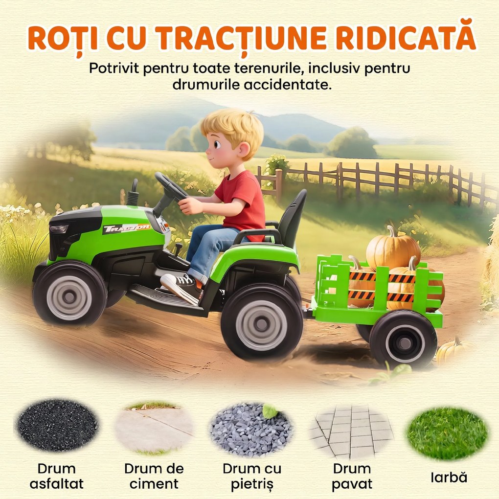 AIYAPLAY Tractor Electric 2 în 1 pentru Copii 3-8 Ani 12V cu Remorcă Detașabilă, Mașină Electrică pentru Copii cu Telecomandă, Centură de Siguranță, Muzică, Lumini LED și Claxon, Verde | Aosom Romania
