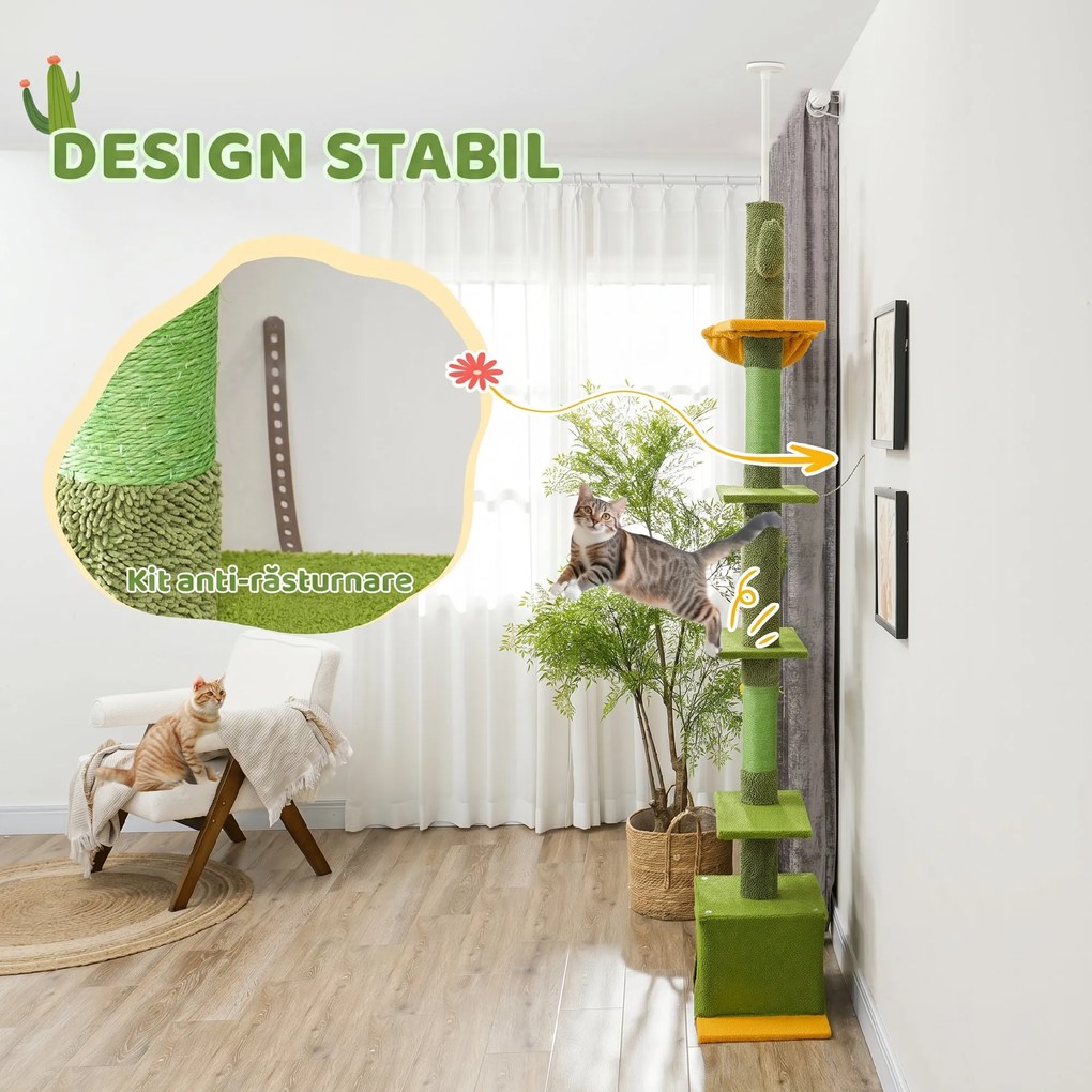 PawHut Ansamblu de Zgâriat pentru Pisici cu Fixare în Tavan, 230-275 cm, Hamac, Căsuță, Stâlpi din Sisal, Verde | Aosom Romania