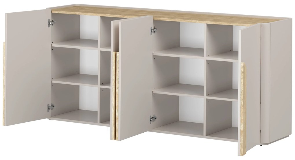 Comodă cu patru uși Amilio 200 cm - casmir / stejar uleiat / mânere stejar deschis