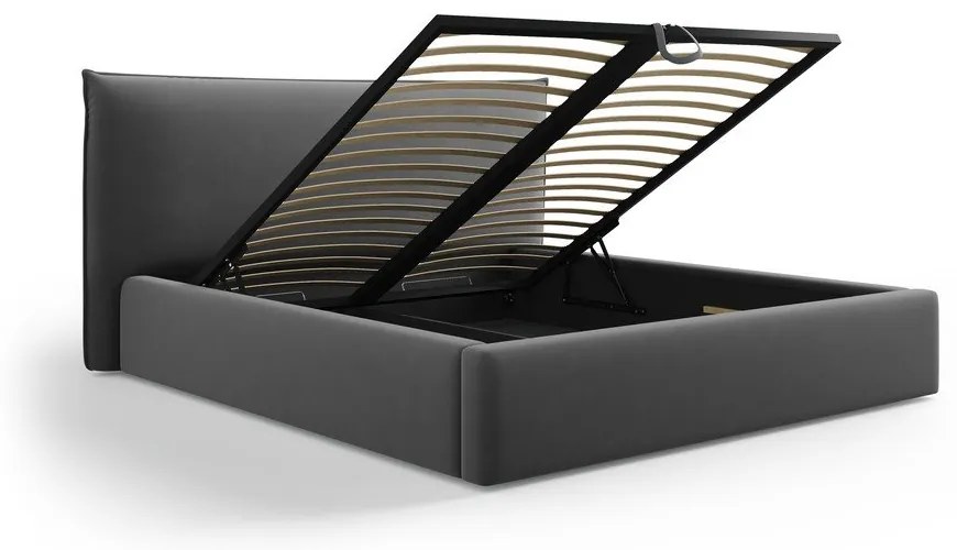 Pat matrimonial gri închis tapițat cu spațiu de depozitare cu somieră 140x200 cm Elio – Milo Casa