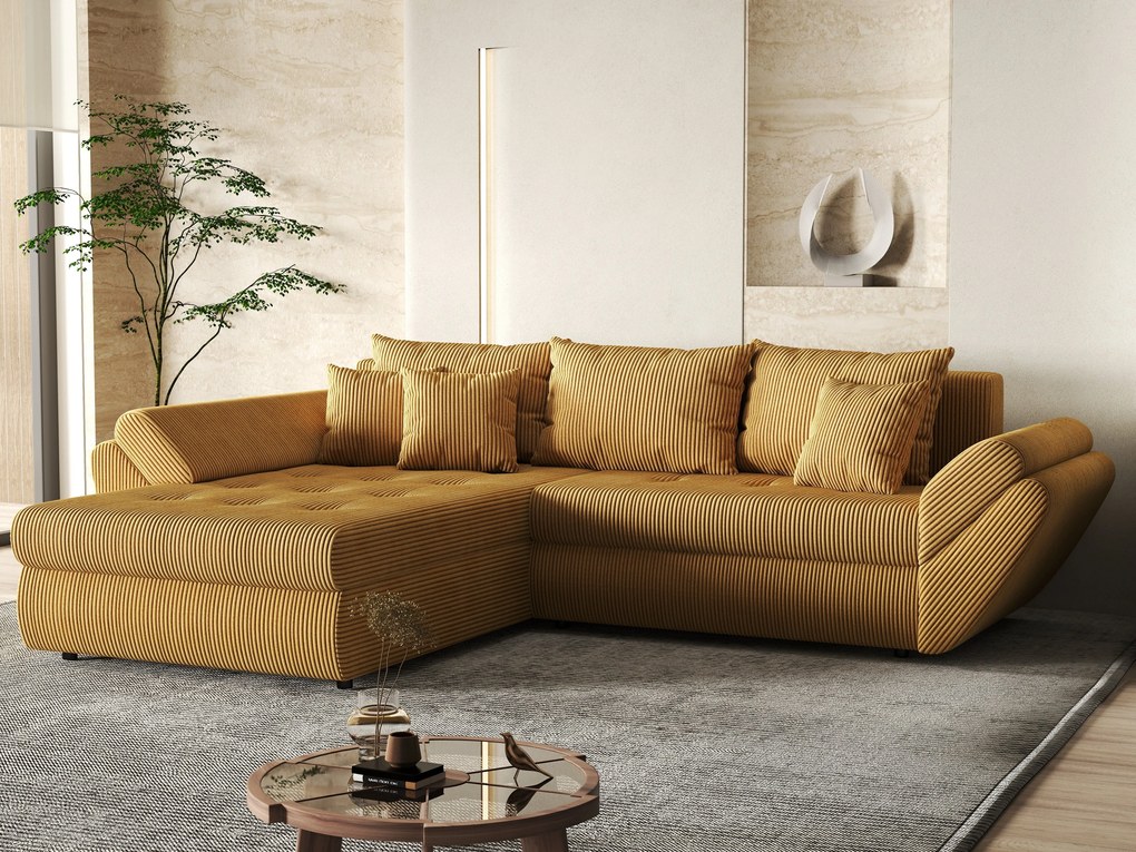 Colțar extensibil dumonde cu ladă de depozitare si sezut confortabil din spuma high-density, Loana Zoom Mustar 270x185 cm