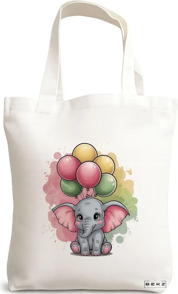 Sacosa de Panza pentru Cumparaturi, Geanta Tote, model Colorful Baby Elephant 38 x 34.5 cm, Alba, BEKZ®