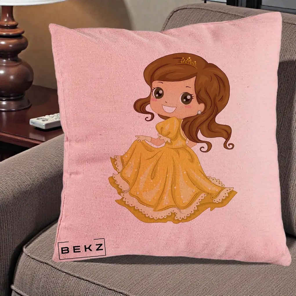 Perna Decorativa Printesa Bella Rochie Aurie, 40x40 cm, Roz, Husa Detasabila, Perna Inclusa, BEKZ®