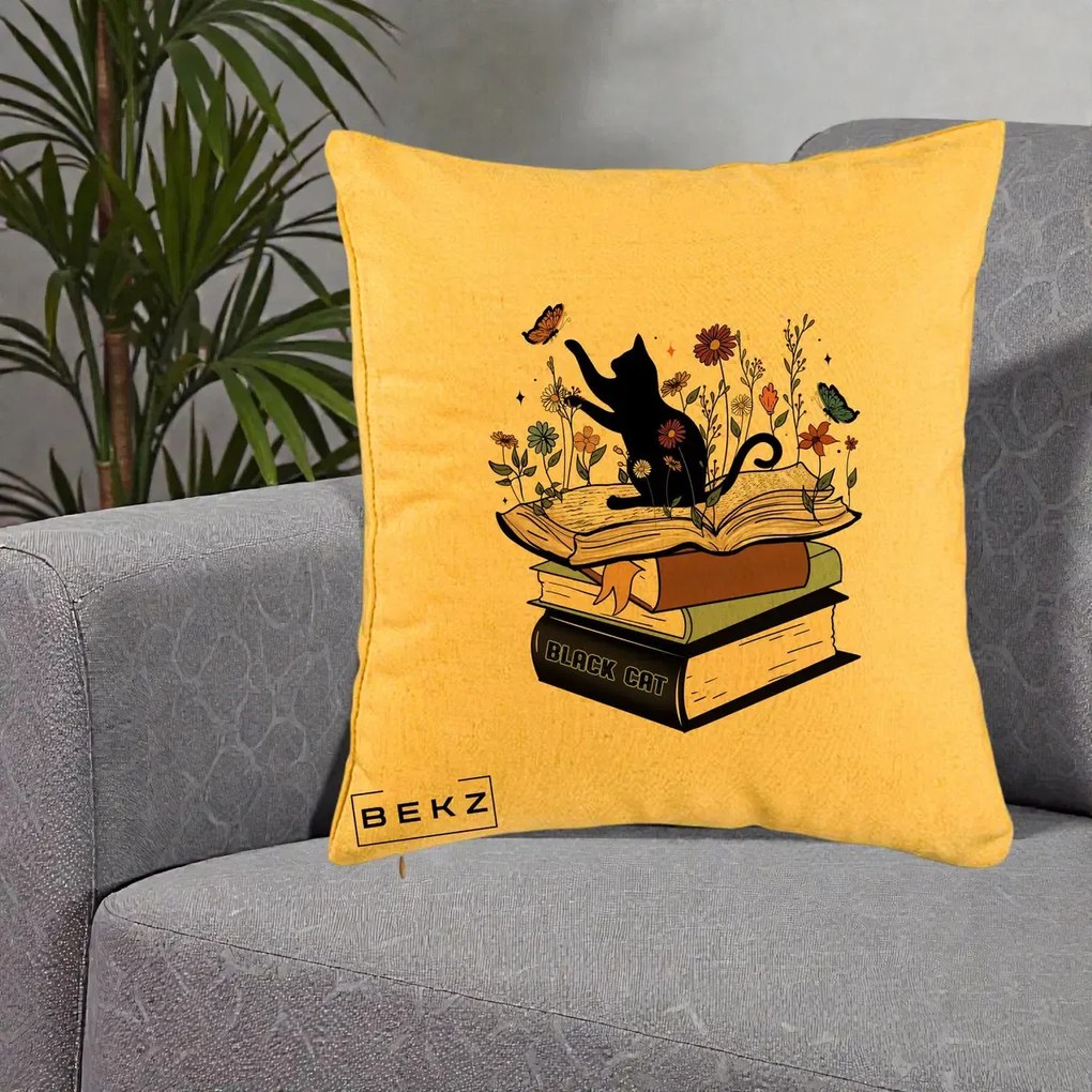 Perna Personalizata Pisica Neagra Carti Flori Fluturi, 40x40 cm, Galben, Husa Detasabila, Perna Inclusa, BEKZ®