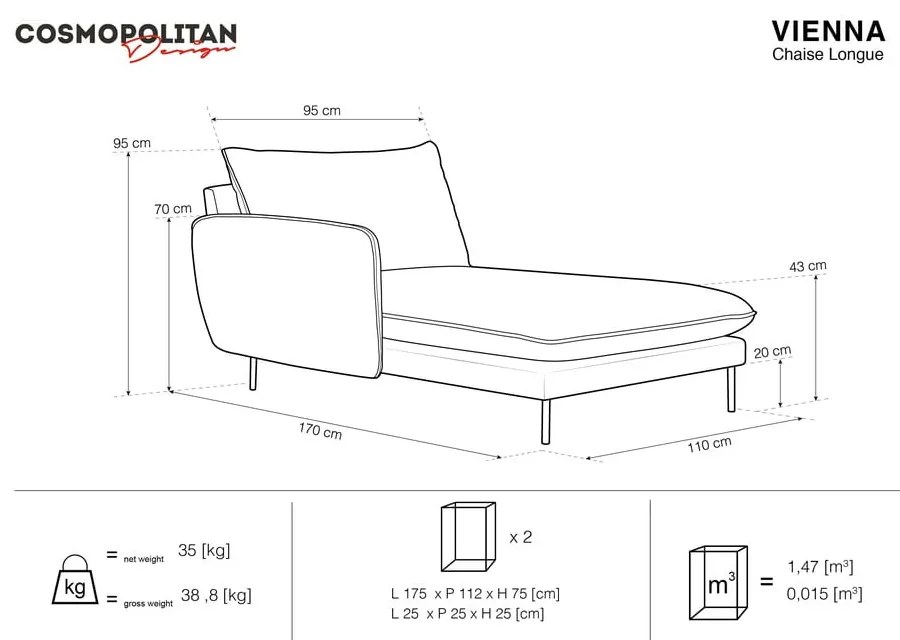 Șezlong divan cu cotieră pe partea stângă Cosmopolitan Design Vienna, bej