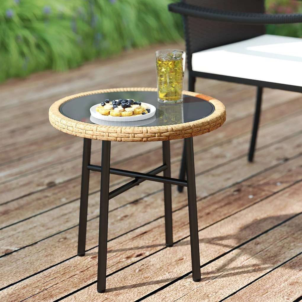 Outsunny Masă de Cafea Rotundă de Grădină, Masă Auxiliară Exterioară din Rășină Împletită și Blat din Sticlă Securizată, 46x46x43cm, Natural | Aosom Romania