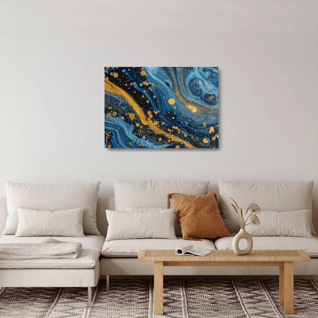 Tablou pe sticlă - Abstracție albastră cu aur (70x50 cm)