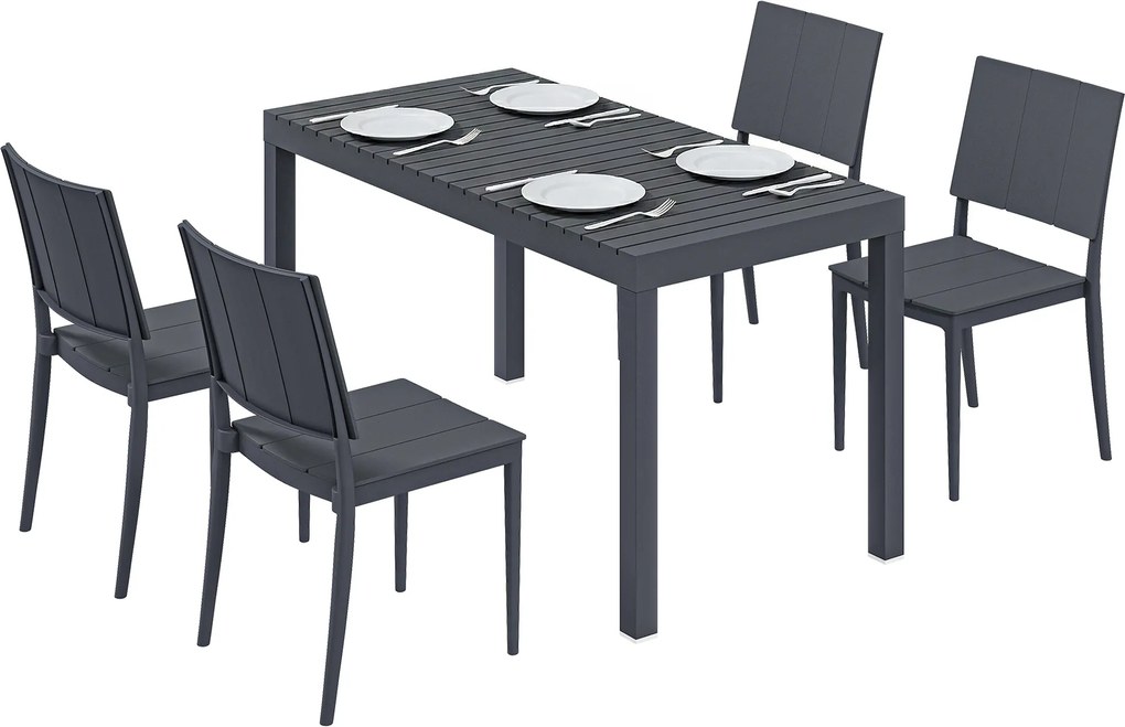 Outsunny Set mobilier de grădină, grup de scaune 5 piese, masă lată cu 4 scaune stivuibile, design lamelar pentru 4 persoane, gri închis | Aosom Romania