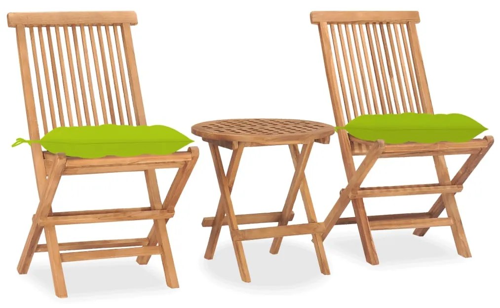 Set mobilier de exterior pliabil, cu perna, 3 piese, lemn masiv tec verde aprins, 3