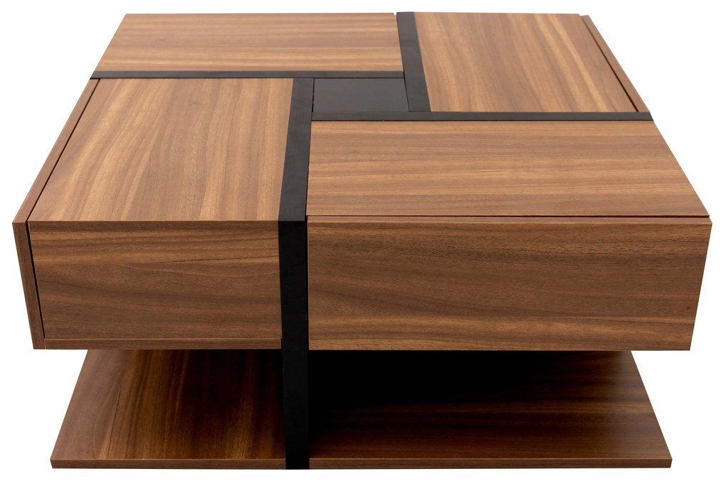 Masă de cafea cu 4 sertare, design unic de culori și linii, spațiu de depozitare inferior, 78×78×36 cm, Natural