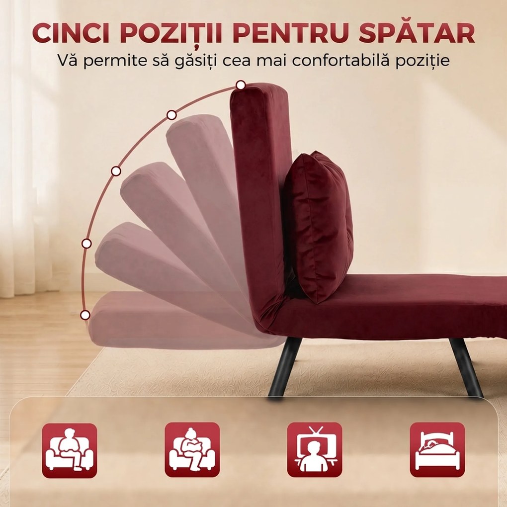 HOMCOM Fotoliu Pat Pliabil cu Spătar Reglabil, pentru O Persoană, Roșu Vișiniu | Aosom Romania