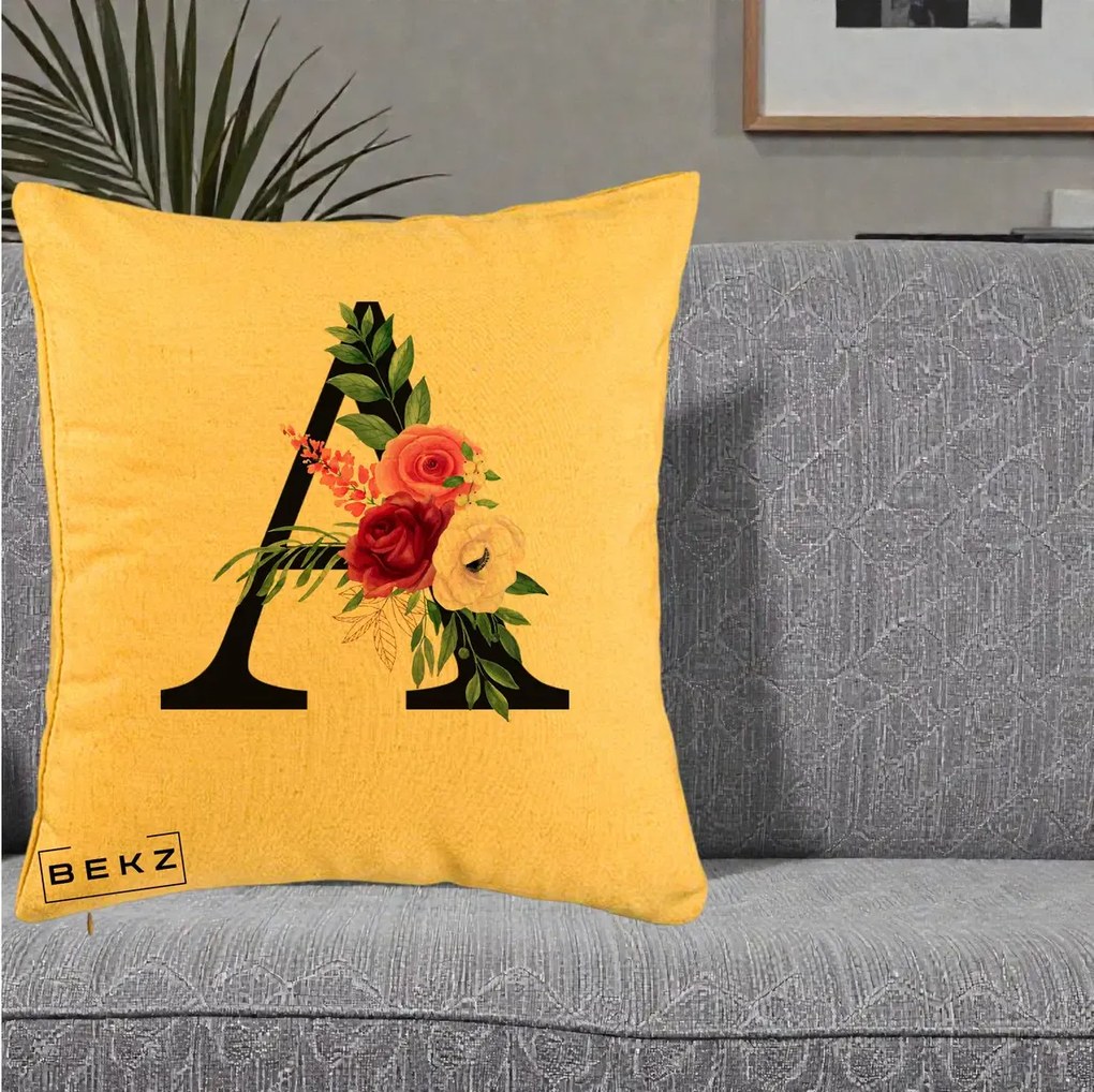 Cadou Personalizat - Perna Personalizata Monograma Florala Litera A, 40x40 cm, Galben, Husa Detasabila, Perna Inclusa, BEKZ®