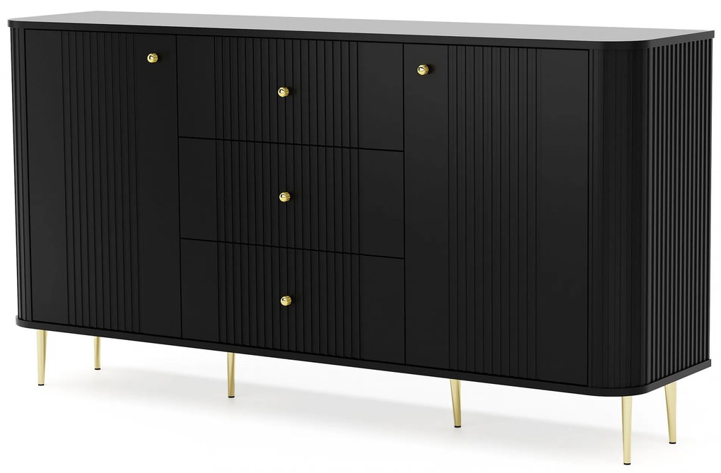 Comodă cu sertare Vesper 160 cm pe picioare - negru / picioare aurii