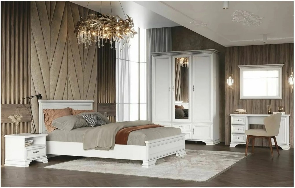 Mobilier dormitor alb IDENTO 6, cu pat 160x200, dulap cu 5 usi si 2 se