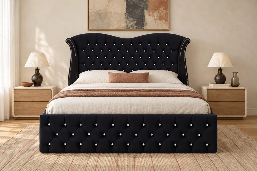 Pat tapițat Chesterfield Avella 160×200 cm, negru, cu ladă de depozitare