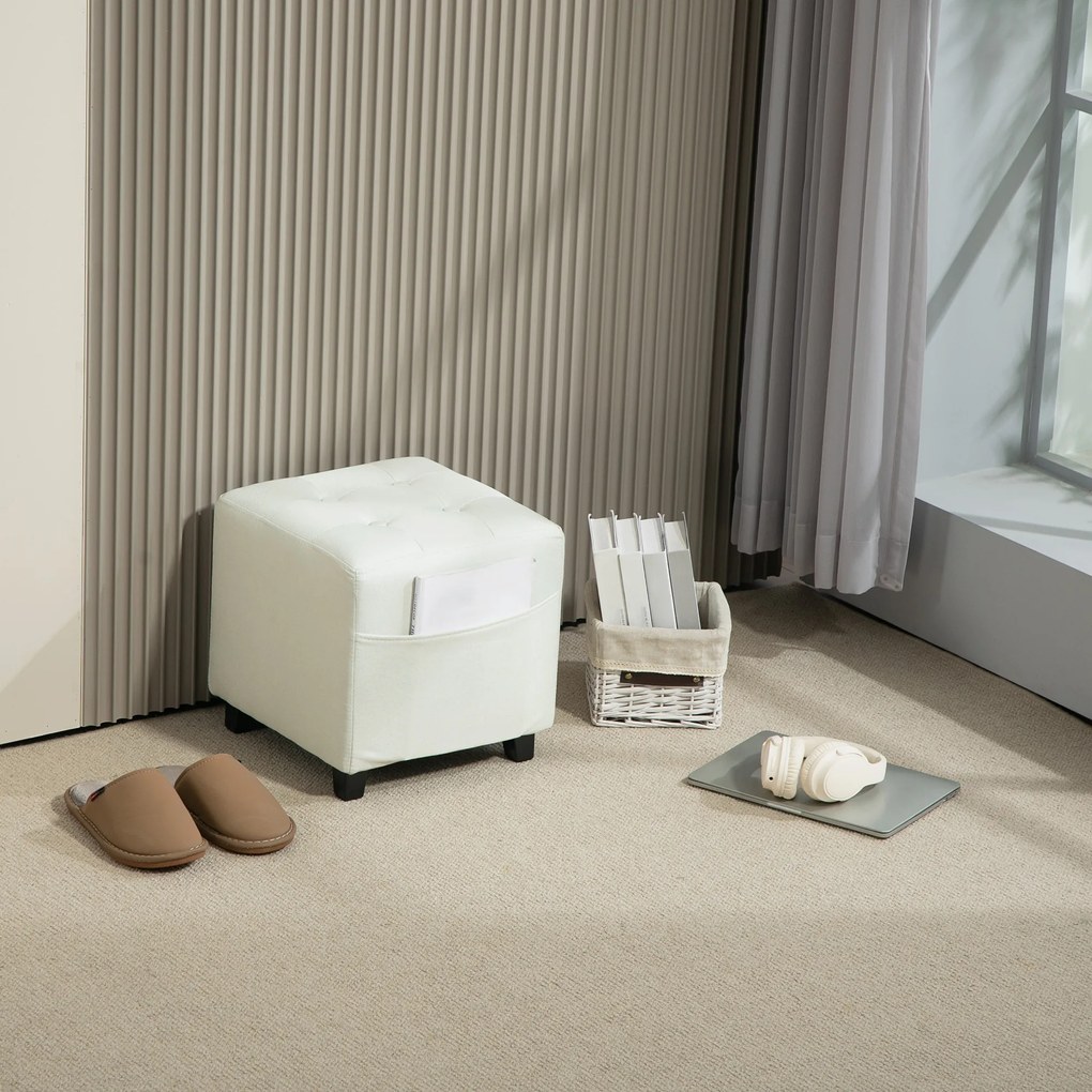 HOMCOM Suport pentru picioare pentru living, ottoman, scaun tapițat capitonat din material cu aspect de in cu buzunar lateral, 35 x 35 x 35 cm, cremă | Aosom Romania