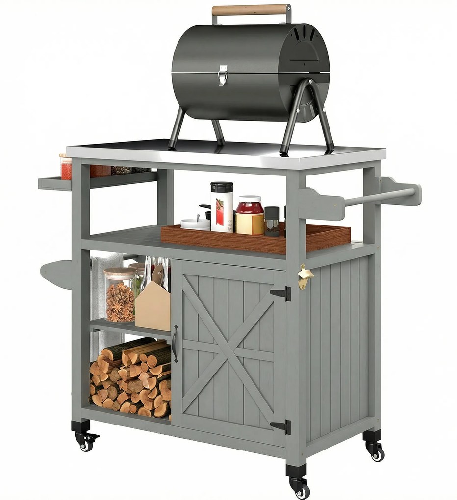 Outsunny Servantă de grădină căruț pentru grătar pe roți cu blat din oțel inoxidabil 107x49,5x92,5cm gri | Aosom Romania