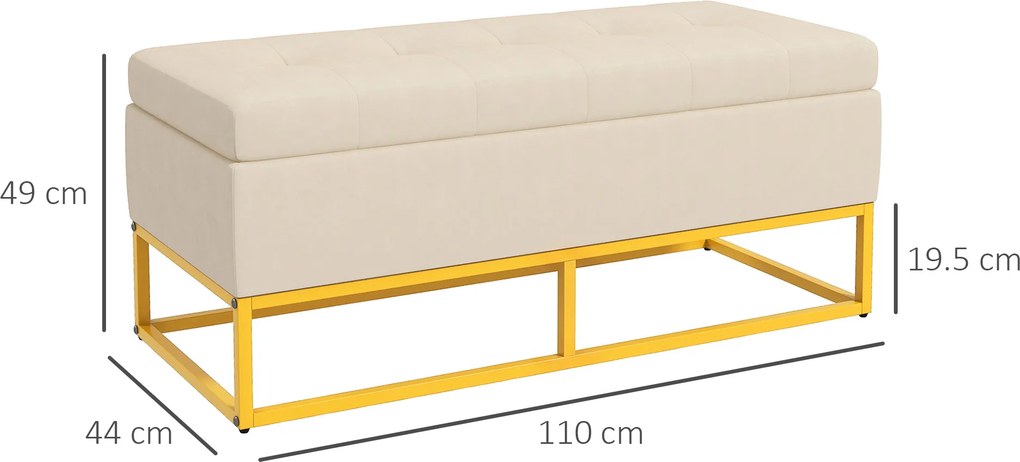 HOMCOM Bancă de Depozitare Rectangulară cu Șezut Căptușit și Picioare din Oțel, 110x44x49 cm, Bej | Aosom Romania