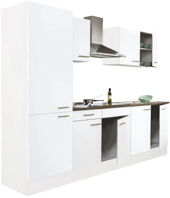 Mobilă de bucătărie Yorki 270, corp alb, cu față satinată albă și dulap cu raft