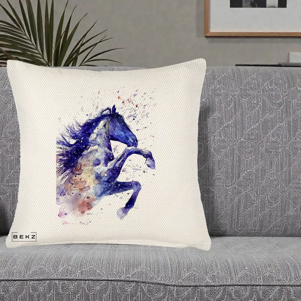 Perna Decorativa Cal Albastru Acuarela, 40x40 cm, Crem Reliefat, Husa Detasabila, Perna Inclusa, BEKZ®