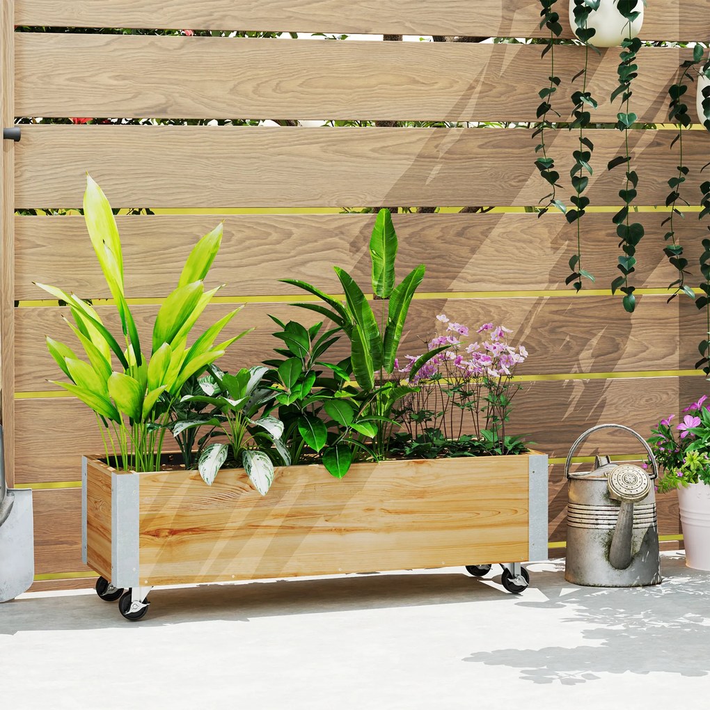 Outsunny Jardinieră pe role, jardinieră rectangulară făcut de drenaj metal lemn masiv 96 x 30,6 x 30 cm lemn natural | Aosom Romania