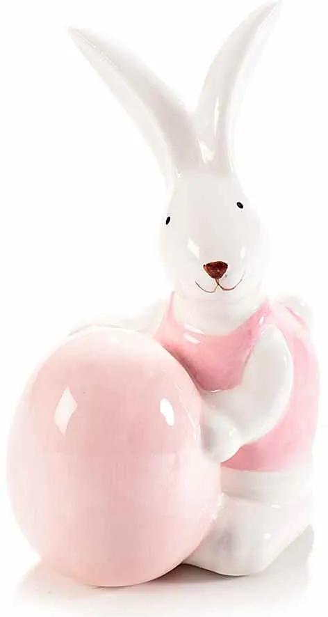 Figurina Iepuras Paste din ceramica roz alb 8 cm x 7 cm x 12  h