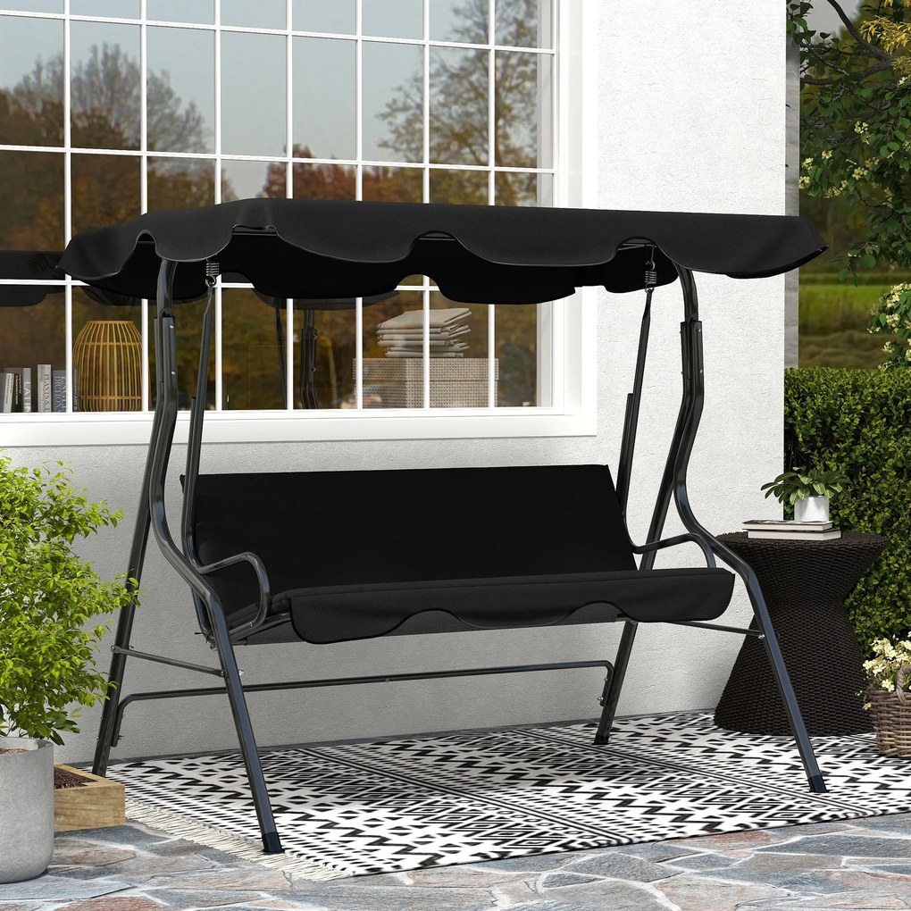 Outsunny Balansoar de Grădină 3 Locuri cu Acoperiș Reglabil și Perne Moi din Poliester, Capacitate 240 kg, 170x110x153 cm, Negru | Aosom Romania