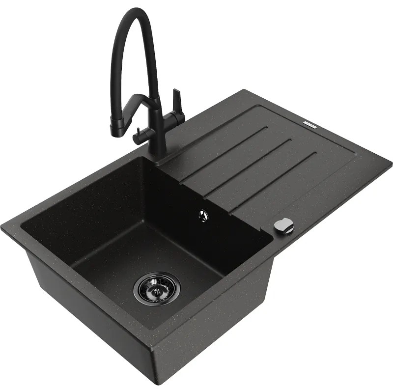 Mexen Bruno chiuvetă de granit cu 1 compartiment și scurgător și robinet de bucătărie Duo, negru/auriu metalizat
