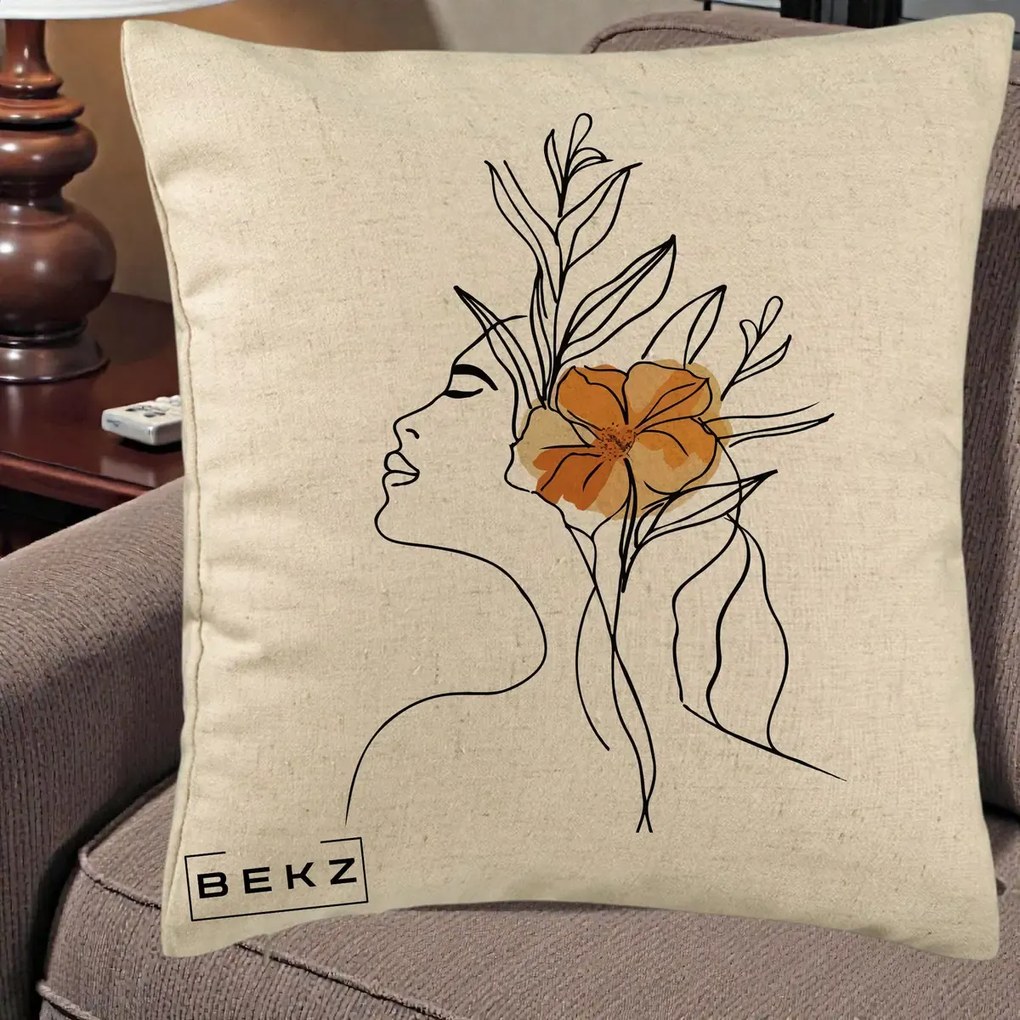 Perna Decorativa Portret Feminin Floare Portocalie Lateral, 40x40 cm, Bej, Husa Detasabila, Perna Inclusa, BEKZ®