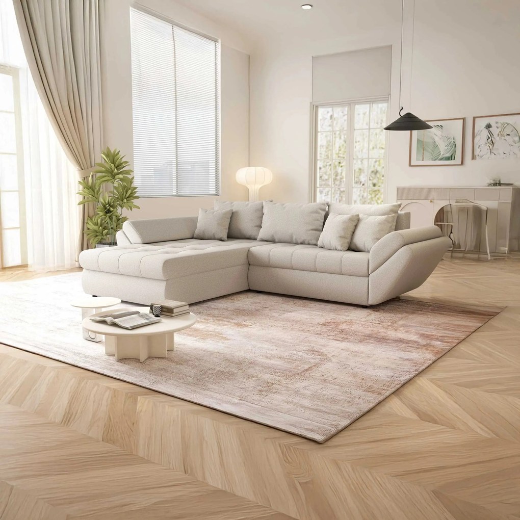 Colțar extensibil dumonde cu ladă de depozitare si sezut confortabil din spuma high-density, Loana Enjoy Bej 270x185 cm