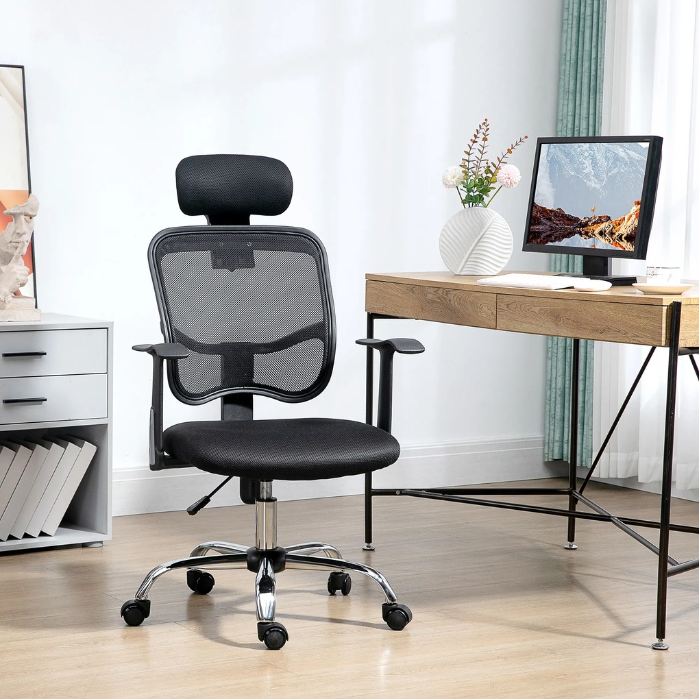 Vinsetto Scaun de Birou Ergonomic și Reglabil cu Tetieră, Negru | Aosom Romania