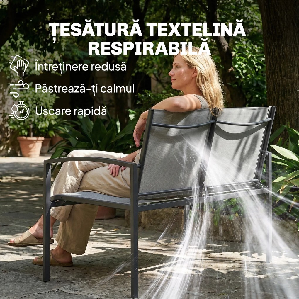Outsunny bancă de grădină din metal, 2 locuri, material respirabil Texteline, culoare gri. | Aosom Romania