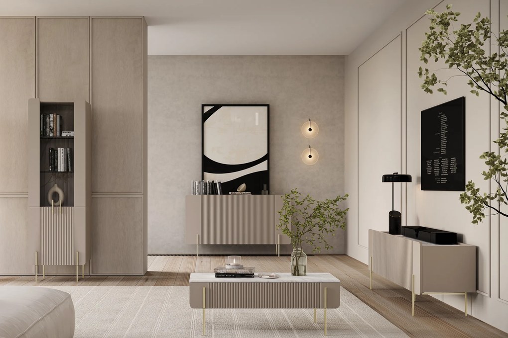 Comodă cu trei uși Malmi 150 cm - cashmere / crema bianca / picioare aurii