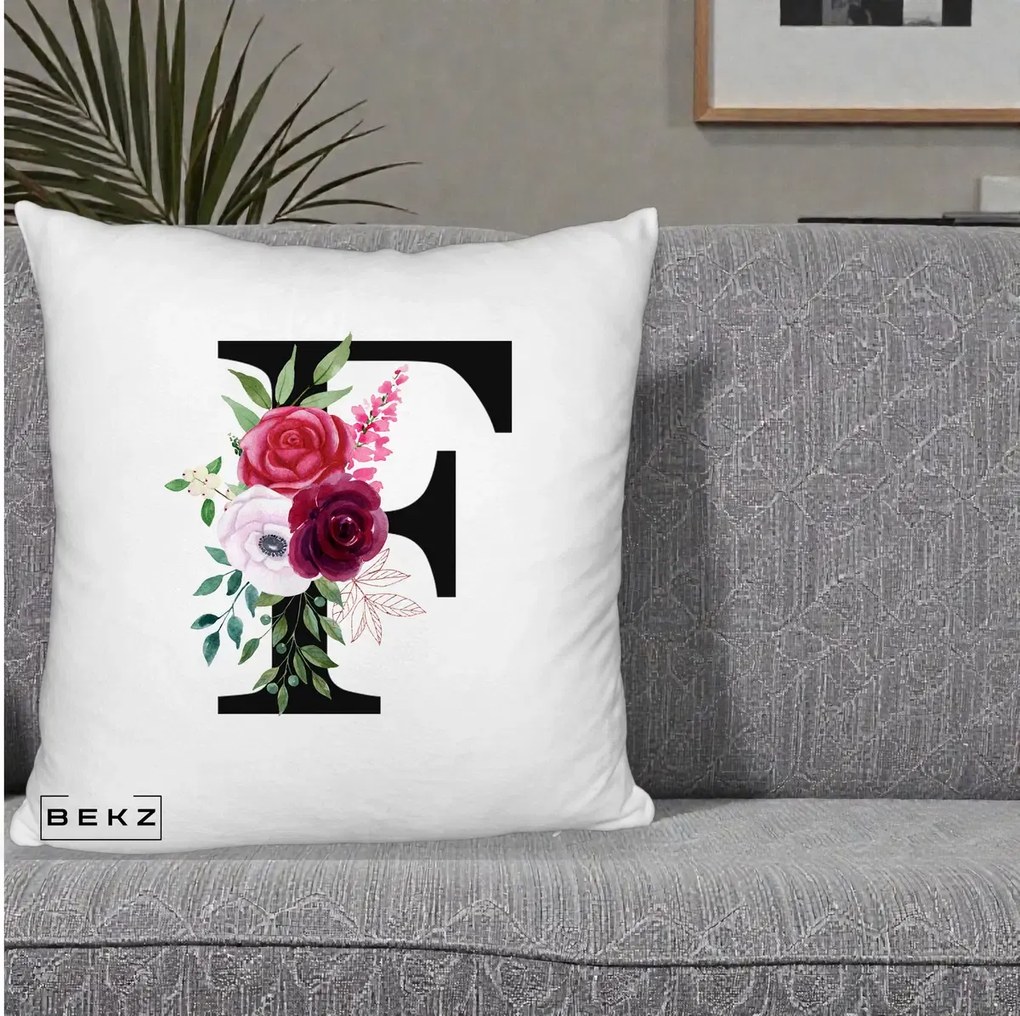 Cadou Personalizat - Perna Personalizata Monograma Florala Litera F, 40x40 cm, Alb Pufos, Husa Detasabila, Perna Inclusa, BEKZ®