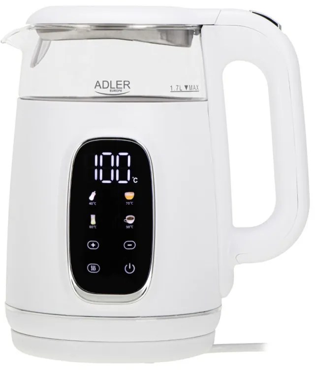Cana electrica Adler AD 1305, 1850/2200 W, 1,7 l, Control tactil, Afisaj LCD color, 5 setari temperatură 40-100°C, Filtru antidecantare, Alb