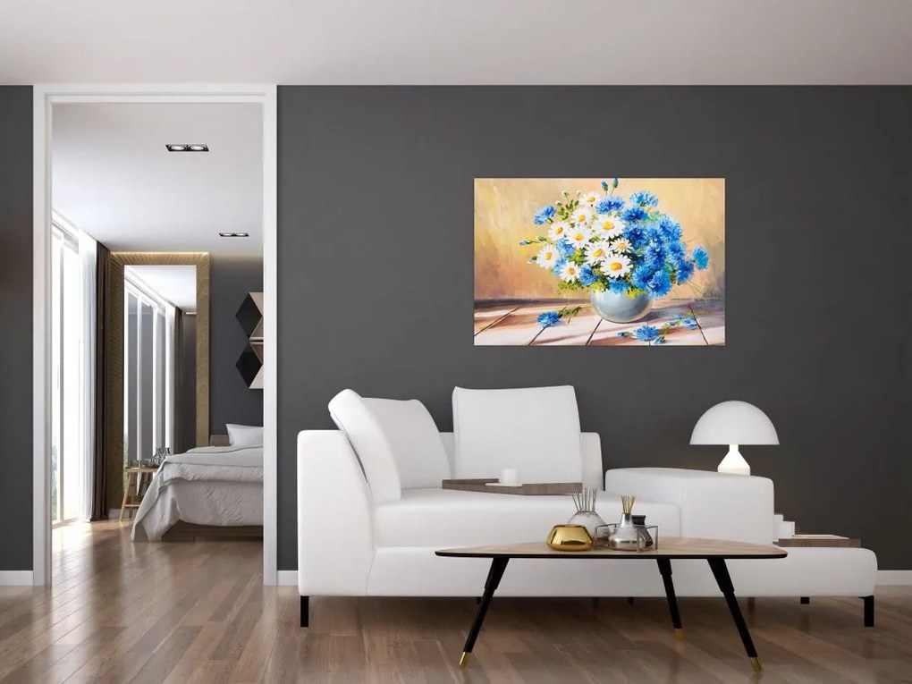 Tablou pictat cu vaza și flori (90x60 cm)