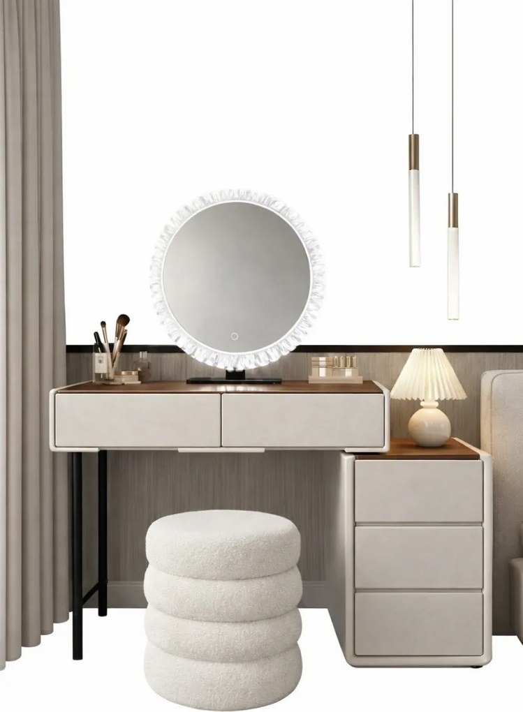 Set EMILY, Masă de toaletă pentru machiaj cu oglindă iluminată LED, în trei culori, intensitate reglabilă, control touch, comoda, taburet, 80 cm, Gri deschis