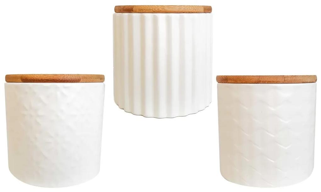 Set 3 recipiente din ceramica cu capac din bambus WHITE