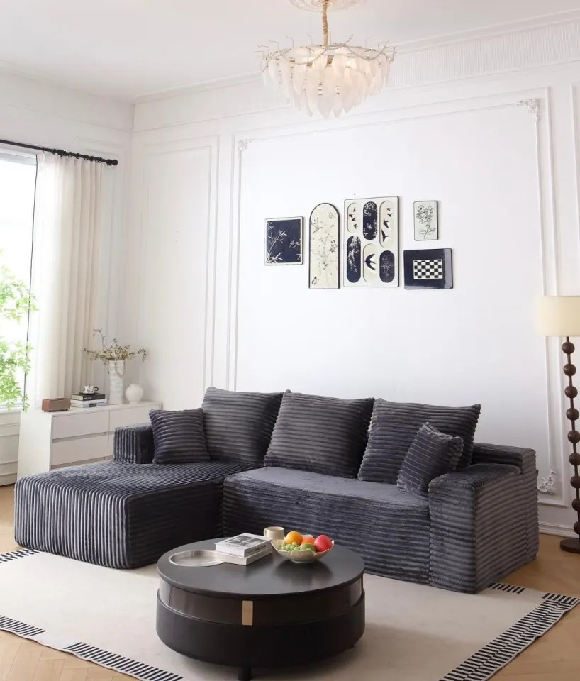 Canapea Colțar Premium Memory Foam HD 270x170x70 cm | Material Plusat Reiat cu Dungi Groase (Culoare: Bej)