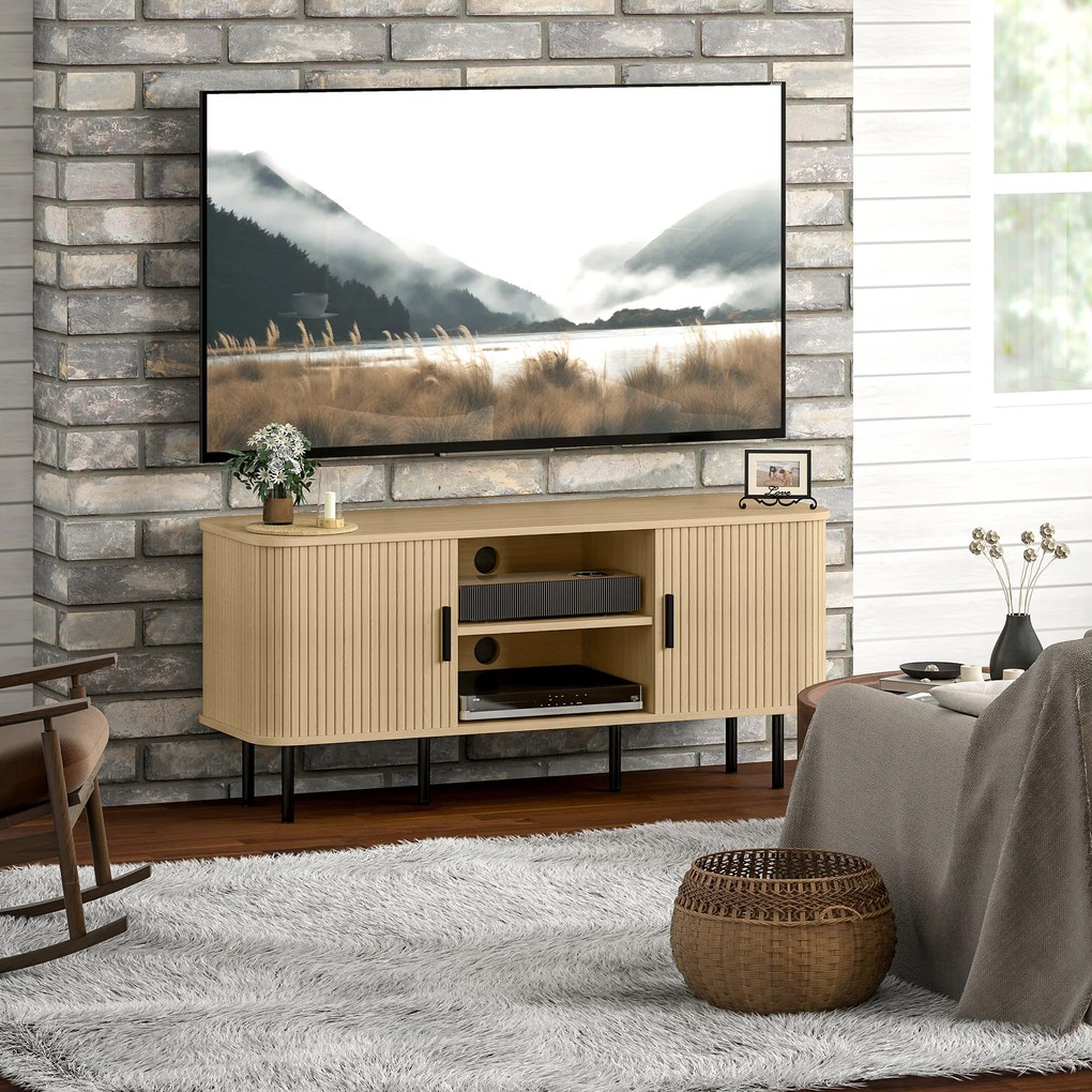 HOMCOM Dulap TV cu 2 Dulapuri, 2 Rafturi și 2 Orificii pentru Cabluri, Mobilier TV din Lemn, 120x40x55 cm, Lemn Natural | Aosom Romania