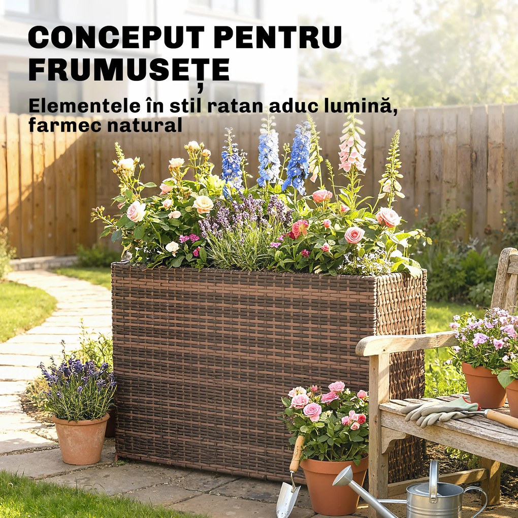 Outsunny Strat Înălțat pentru Grădină 45L din Ratan, cu Orificii de Drenaj și Picioare Reglabile, Maro | Aosom Romania