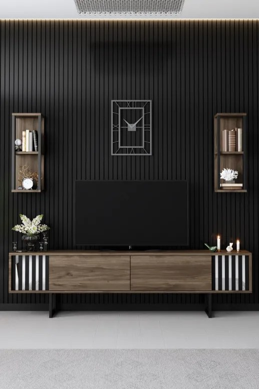 Set de mobilier pentru living Chrome, Nuc- Negru