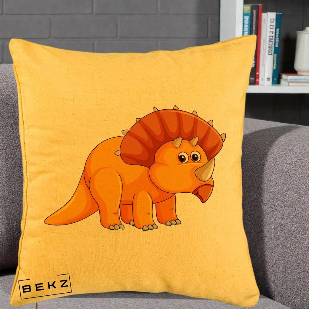 Perna Decorativa Triceratops Portocaliu, 40x40 cm, Galben, Husa Detasabila, Perna Inclusa, BEKZ®