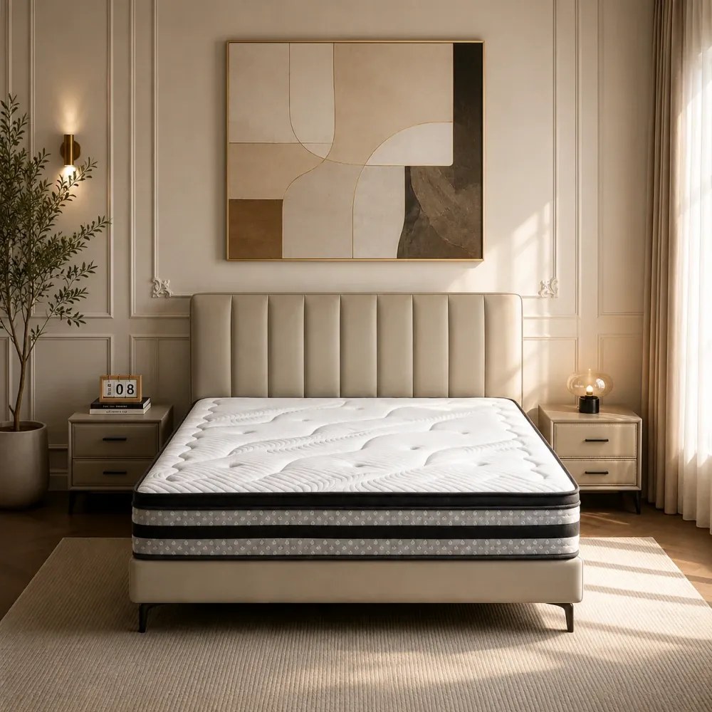 Saltea hibridă premium cu Memory Foam cu Gel și Arcuri individuale, Structură multistrat, suprafața Tencel, 25 cm