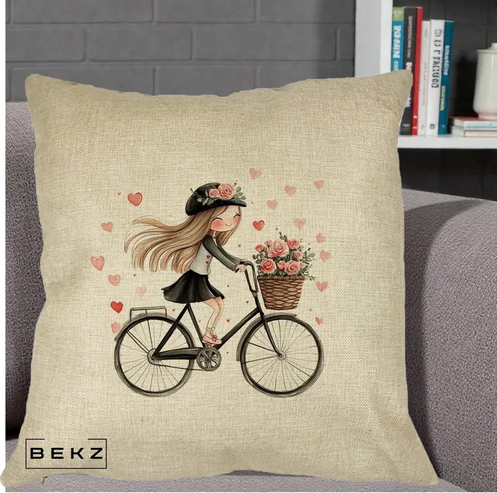 Perna Decorativa Fetita Kawaii pe Bicicleta cu Trandafiri si Inimioare, 40x40 cm, Crem, Husa Detasabila, Perna Inclusa, BEKZ®