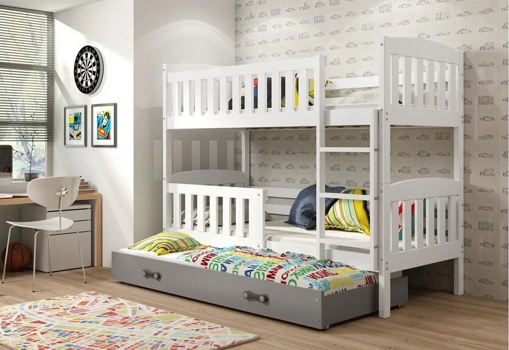 Expedo Pat supraetajat FLORENT 3 + saltea + somieră GRATIS, 90x200, alb, grafit