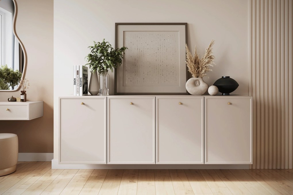 Comodă suspendată cu patru uși Lorini 200 cm - cashmere / mânere aurii