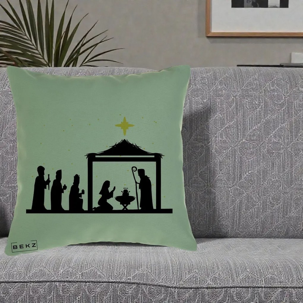 Perna Decorativa Nasterea Pruncului Silueta Neagra si Stea Aurie, 40x40 cm, Verde, Husa Detasabila, Perna Inclusa, BEKZ®