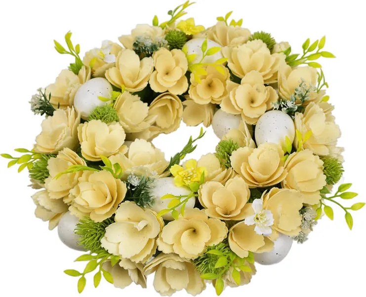 Coroniţă de primăvară cu flori din lemn şi ouă 30 cm